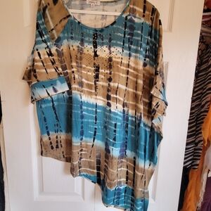 Stylish Blue and Brown Tie-Dye Blouse With Uneven Hemline